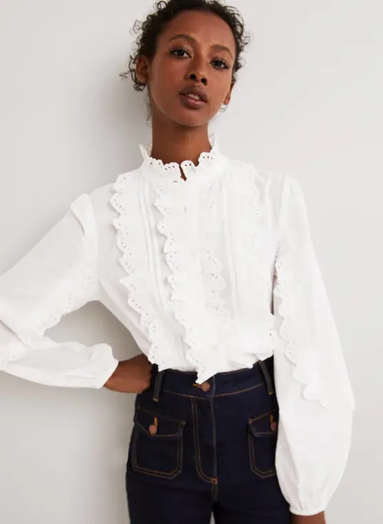 Ruffle Sleeve Broderie Blouse White