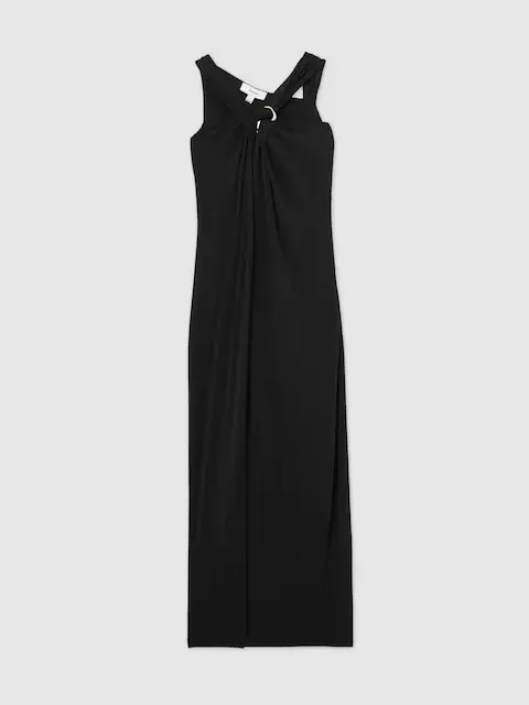 Eliza Gathered Neck Jersey Midi Dress in Navy