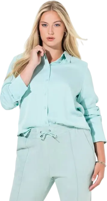 Hemdbluse, Hemdkragen, Langarm, Satin - Türkis