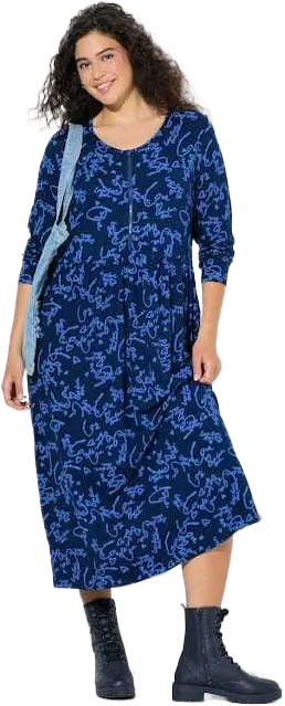 Midikleid, Schriftdruck, A-Linie, Rundhals, Langarm - Dunkelblau