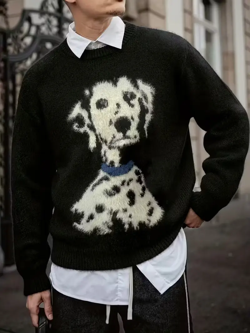 Men'S Black Sweater with Dalmatian Dog Print
