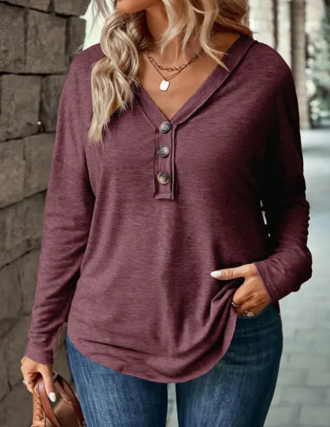 EMERY ROSE Women's Solid Color Casual V-Neck Button Long Sleeve Plus Size T-Shirts