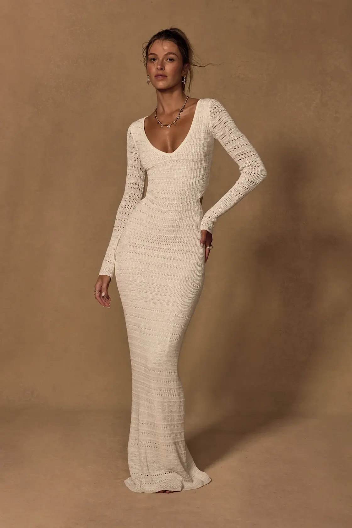 Shenoah White Crochet Cutout Long Sleeve Maxi Dress