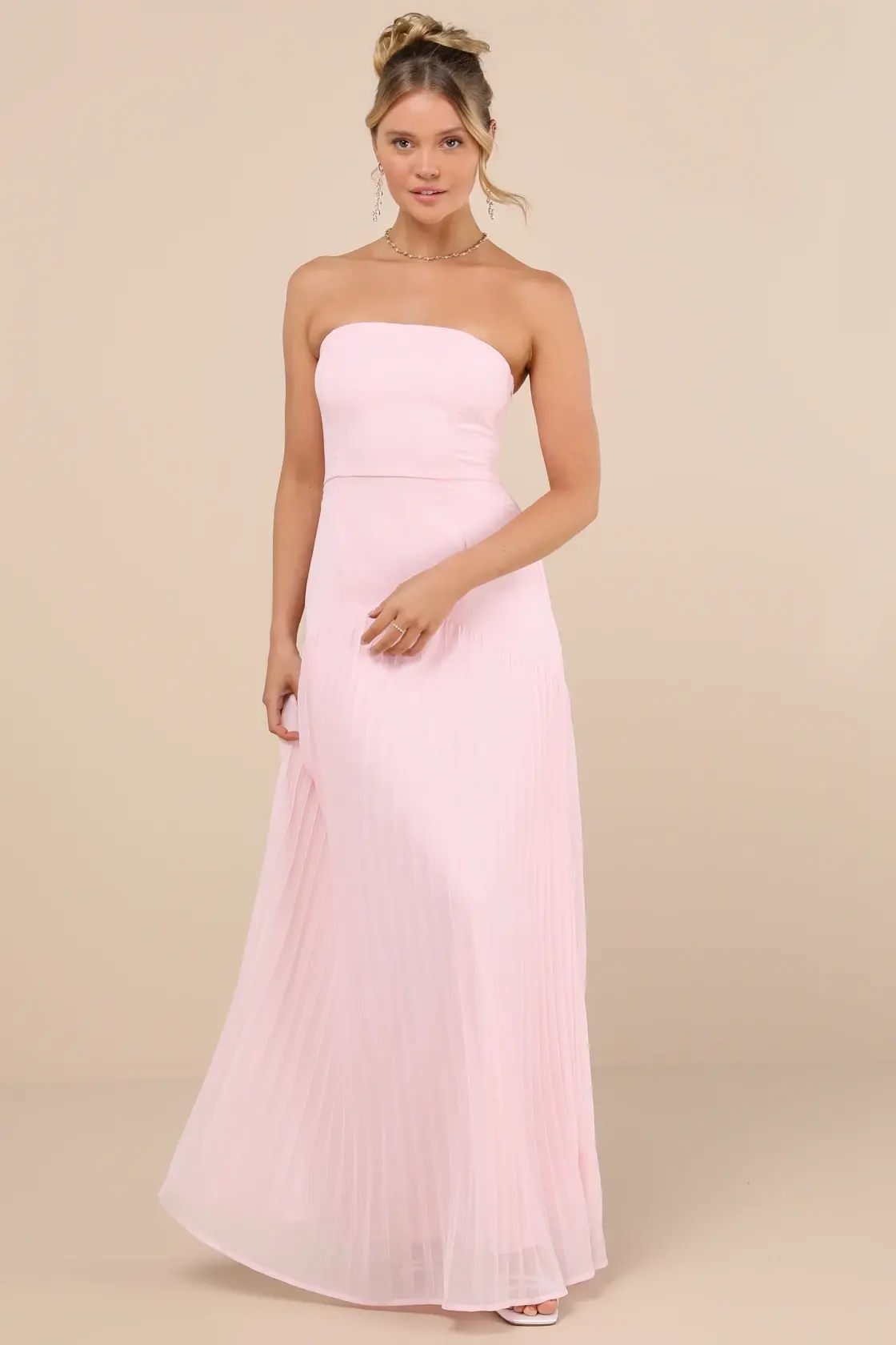 Celebratory Aesthetic Blush Pink Pleated Strapless Maxi Dress