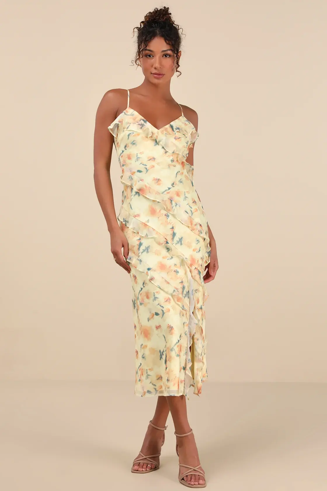 Dreamy Personality Yellow Floral Ruffled Sleeveless Midi Dress