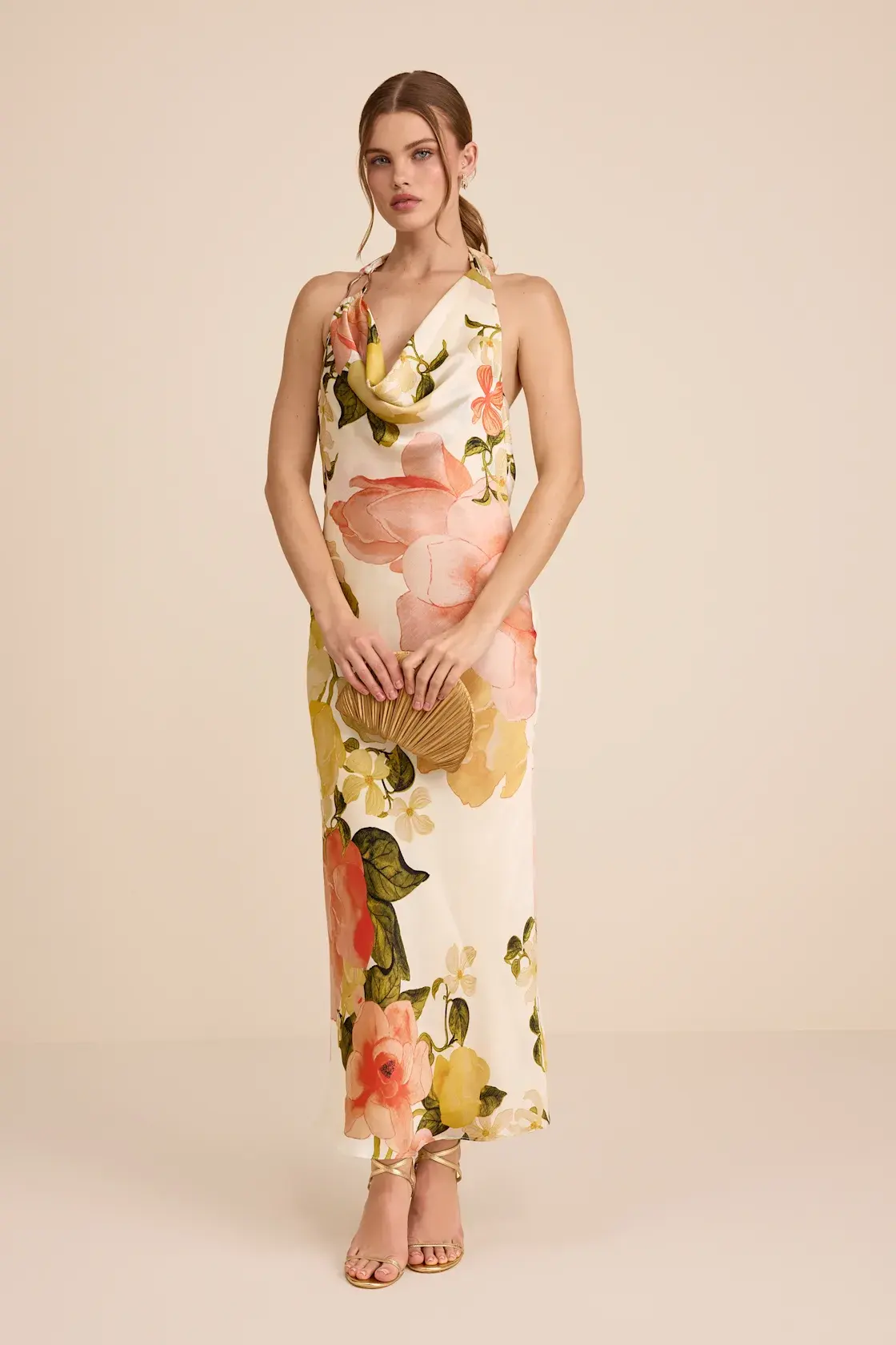 Diane White Multi Floral Cowl Maxi Dress